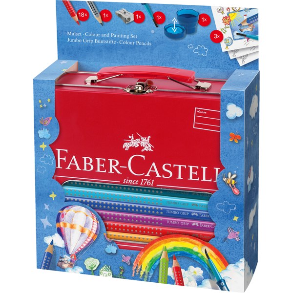 Jumbo Grip Värikynät Jumbo 18 Väriä + Lisätarvikkeet Metallirasiassa Faber-Castell