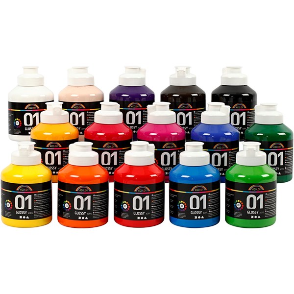 A-Color akryylimaali, värilajitelma, nro 01, kiiltävä, 15x500 ml/ 1 ltk