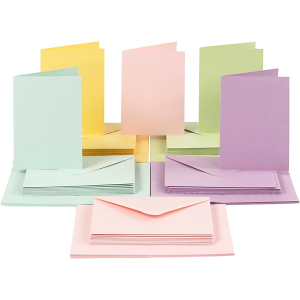 Kortit ja kuoret, pastellivärit, kortin koko 10,5x15 cm, kirjekuoren koko 11,5x16,5 cm, 50 set/ 1 pkk