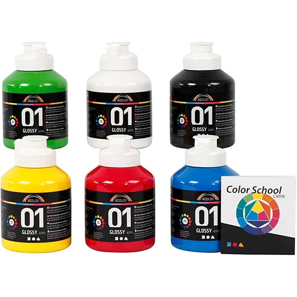 A-Color akryylimaali, perusvärilajitelma, nro 01, kiiltävä, 6x500 ml/ 1 pkk